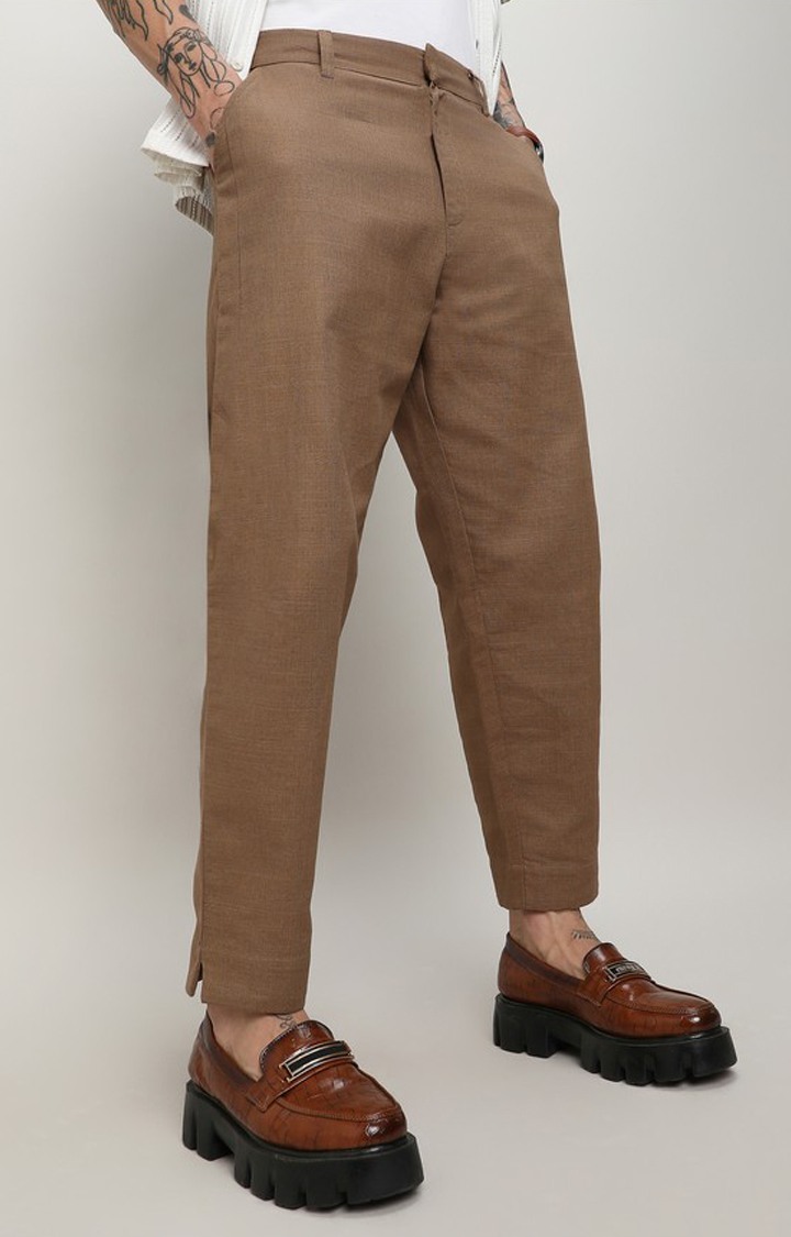 Men's Tan Brown Solid Cotton Trousers