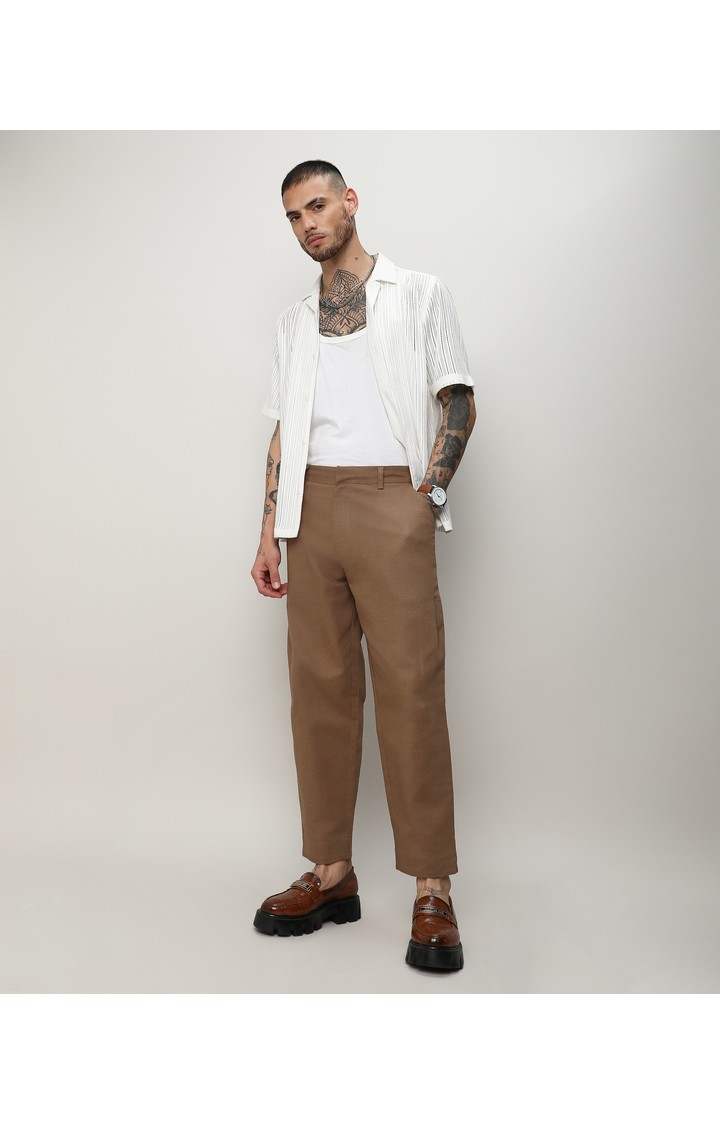 Men's Tan Brown Solid Cotton Trousers