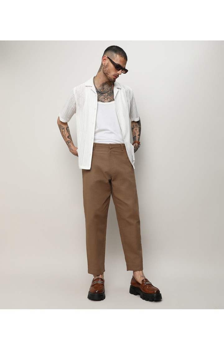 Men's Tan Brown Solid Cotton Trousers