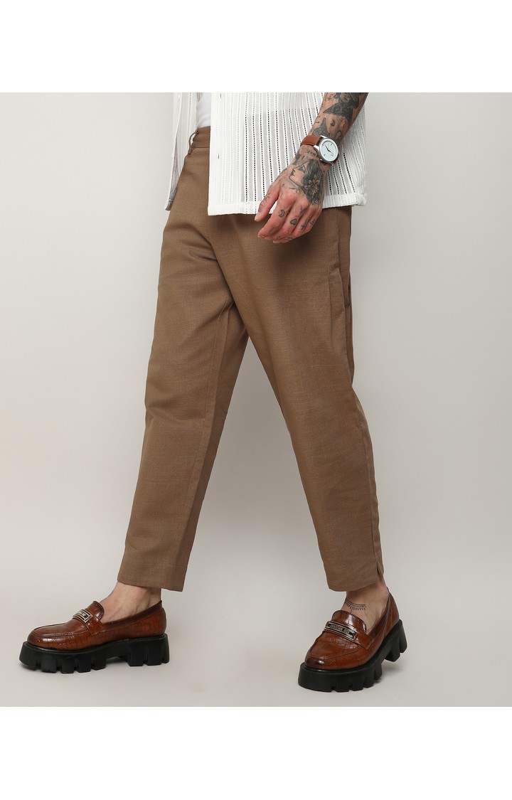 Men's Tan Brown Solid Cotton Trousers