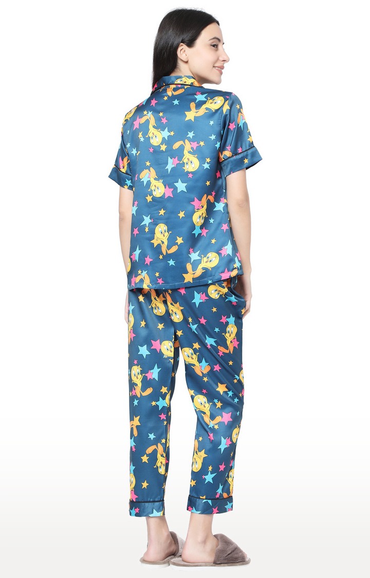 Smarty Pants Women's Silk Satin Teal Blue Tweety Print Night Suit