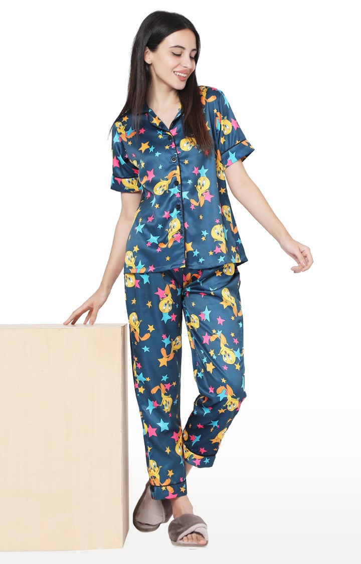 Smarty Pants Women's Silk Satin Teal Blue Tweety Print Night Suit