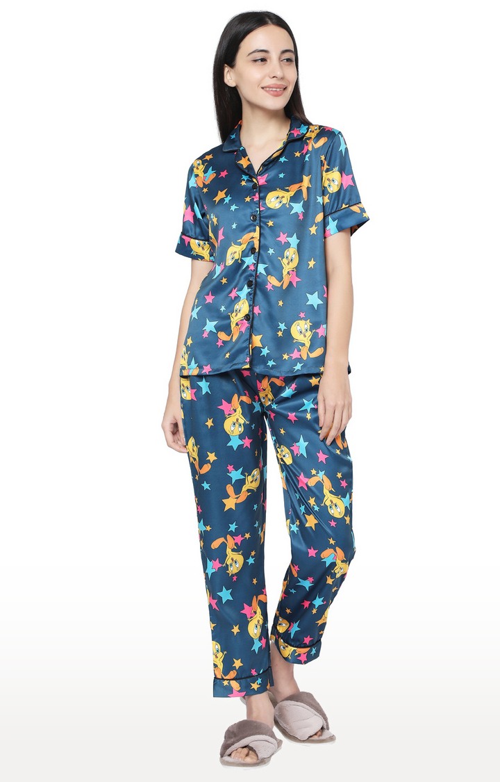 Smarty Pants Women's Silk Satin Teal Blue Tweety Print Night Suit