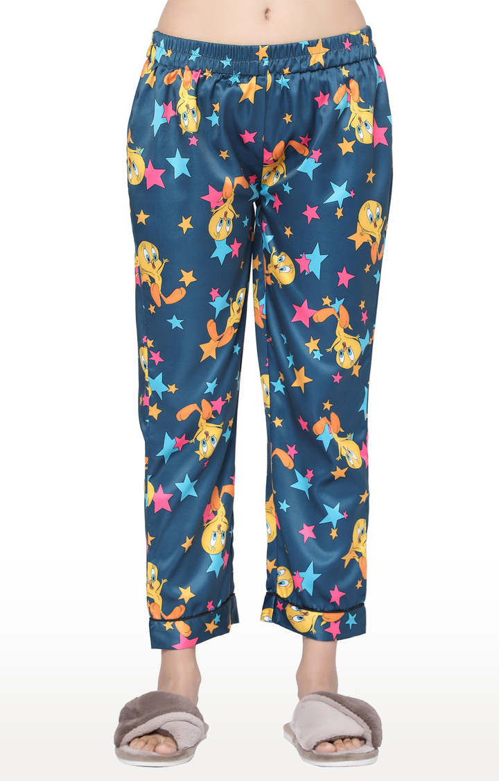Smarty Pants Women's Silk Satin Teal Blue Tweety Print Night Suit