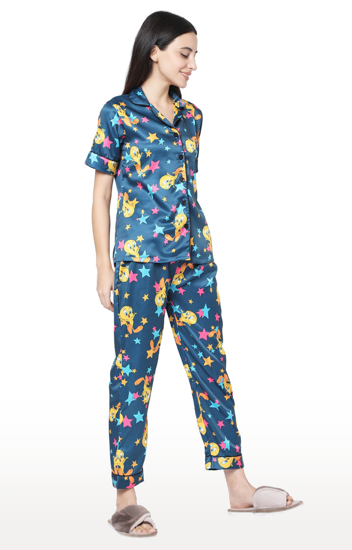 Smarty Pants Women's Silk Satin Teal Blue Tweety Print Night Suit