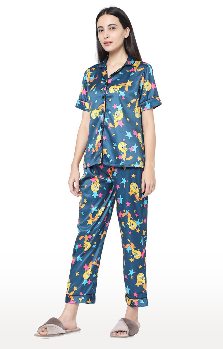 Smarty Pants Women's Silk Satin Teal Blue Tweety Print Night Suit