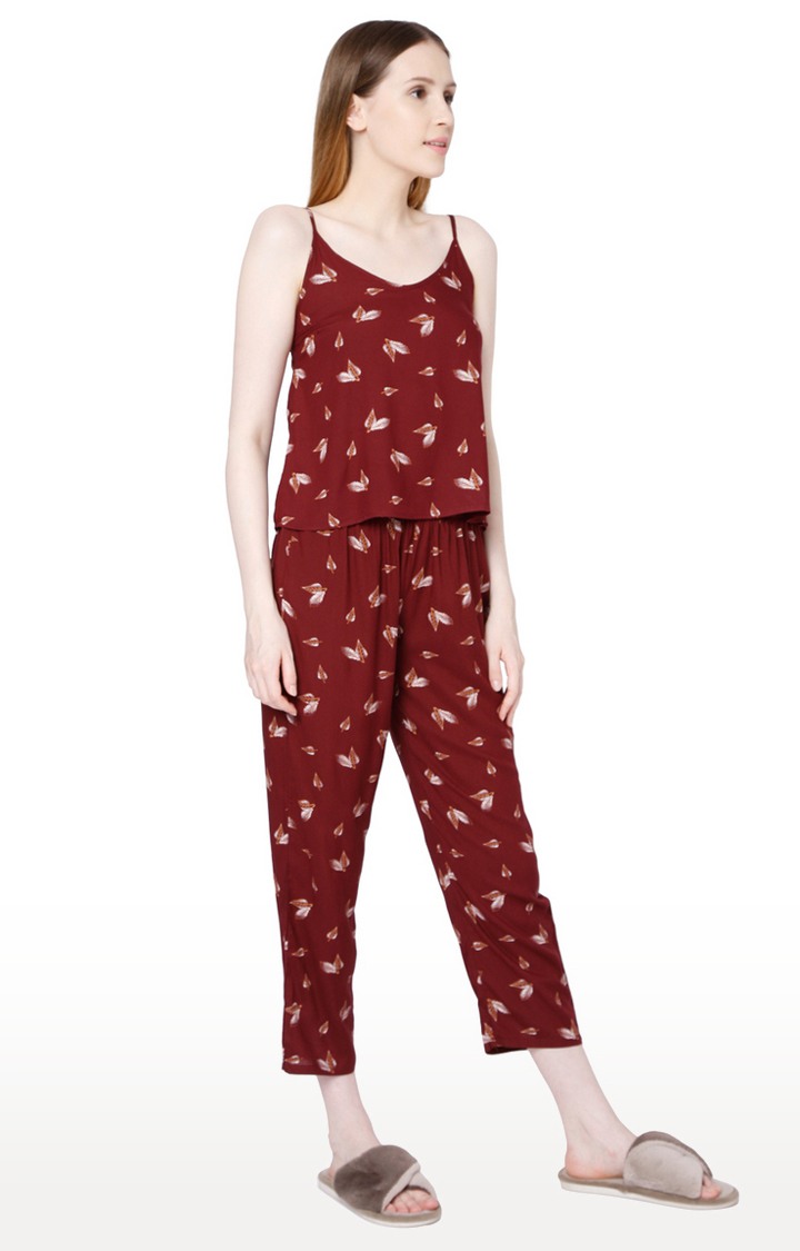 Smarty Pants Women's Cotton Maroon Color Floral Print Night Suit 