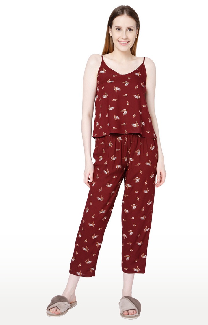 Smarty Pants Women's Cotton Maroon Color Floral Print Night Suit 