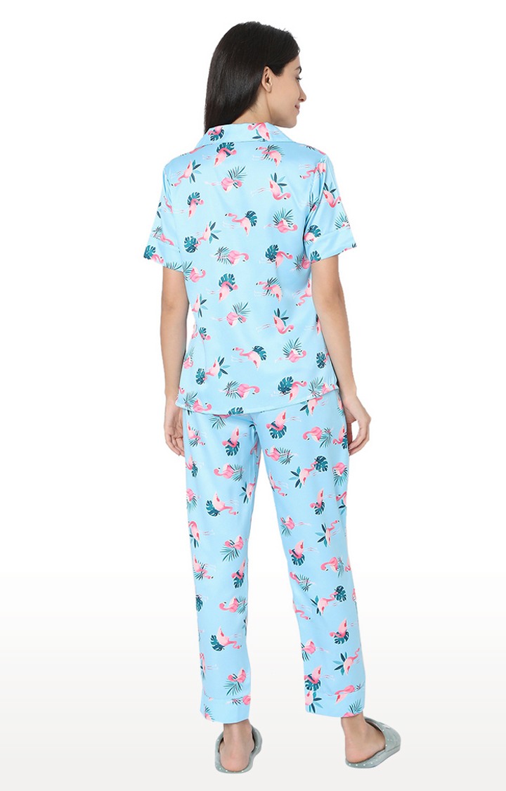 Smarty Pants Women's Silk Satin Aqua Blue Flamingo Print Night Suit