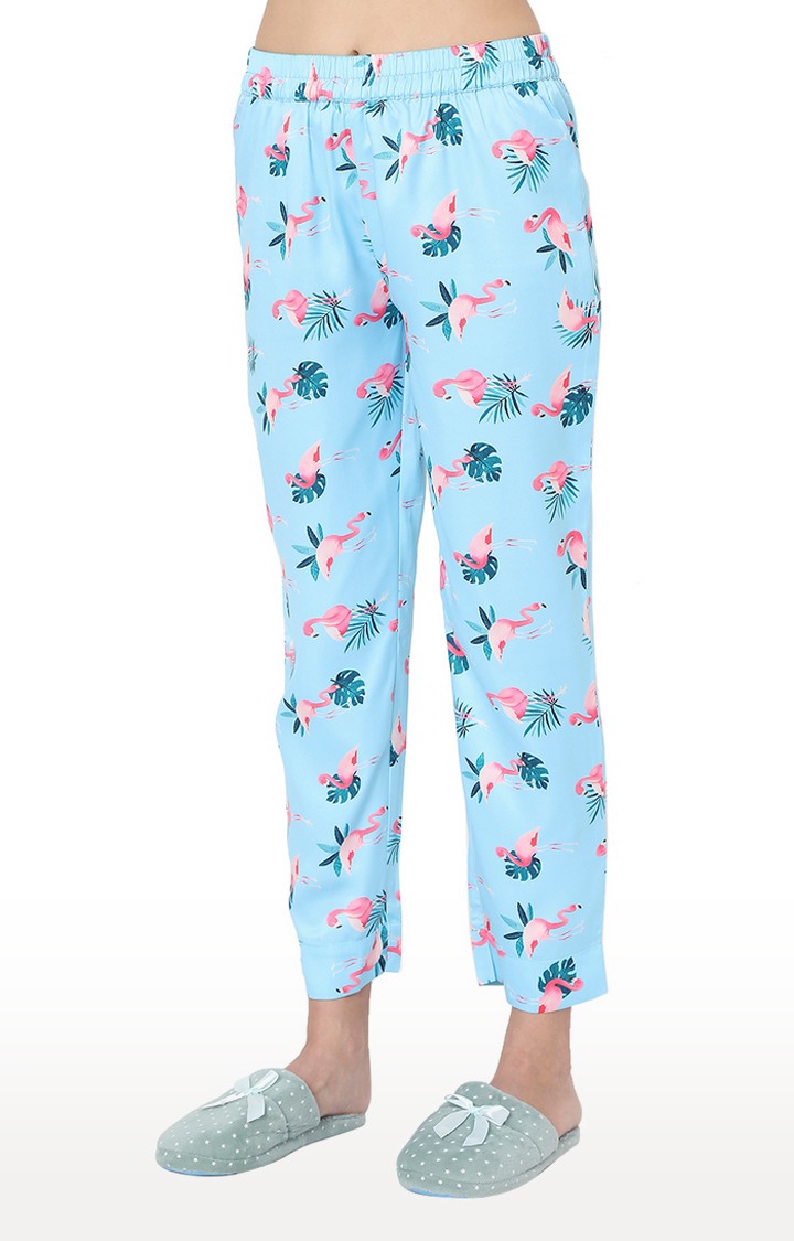 Smarty Pants Women's Silk Satin Aqua Blue Flamingo Print Night Suit