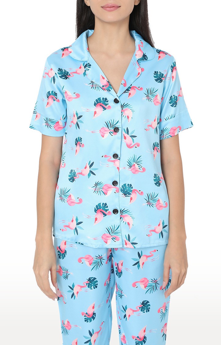 Smarty Pants Women's Silk Satin Aqua Blue Flamingo Print Night Suit