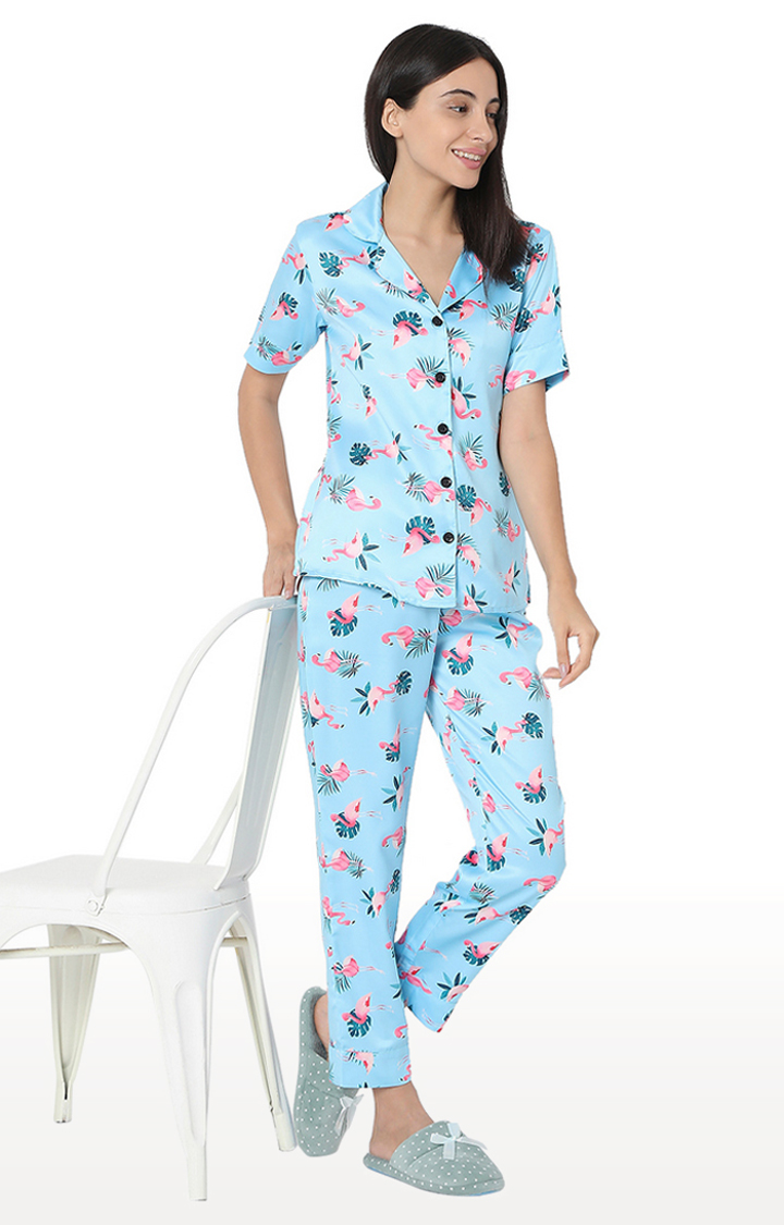 Smarty Pants Women's Silk Satin Aqua Blue Flamingo Print Night Suit
