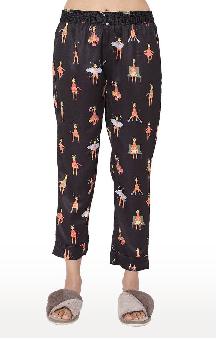 Smarty Pants Women's Silk Satin Black Color Giraffe Print Night Suit