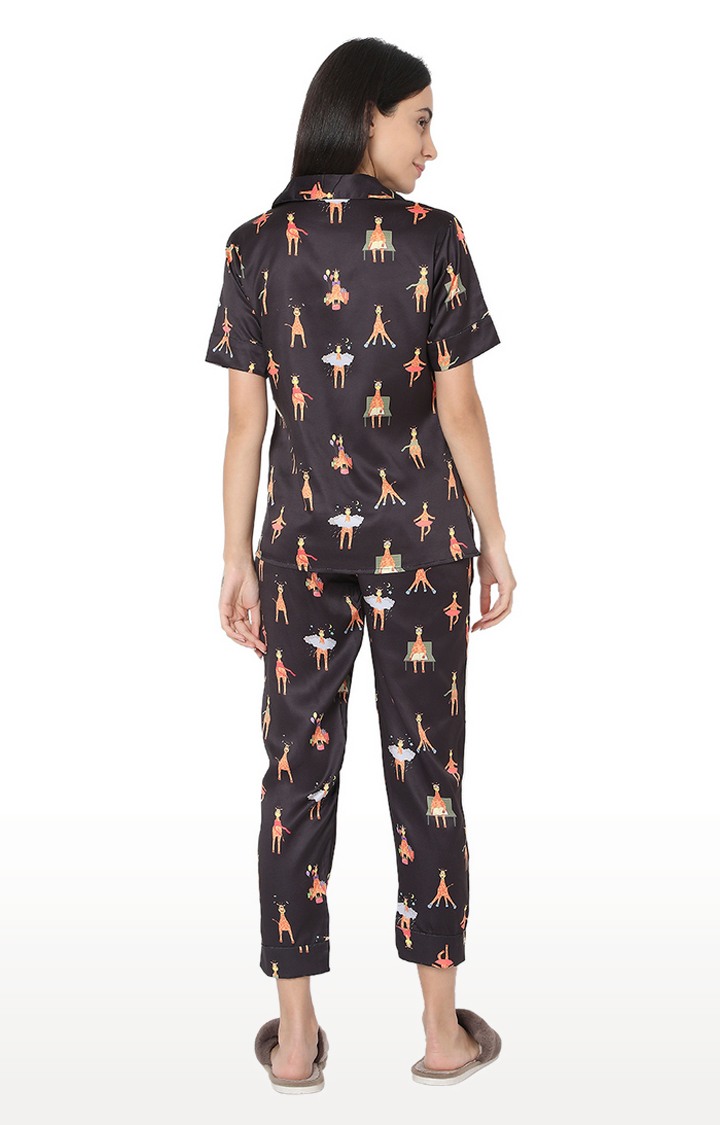 Smarty Pants Women's Silk Satin Black Color Giraffe Print Night Suit