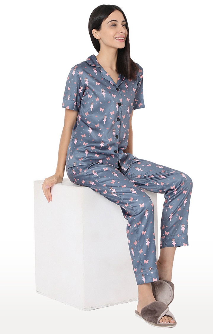 Smarty Pants Women's Silk Satin Grey Color Butterfly & Dancing Doll Print Night Suit.