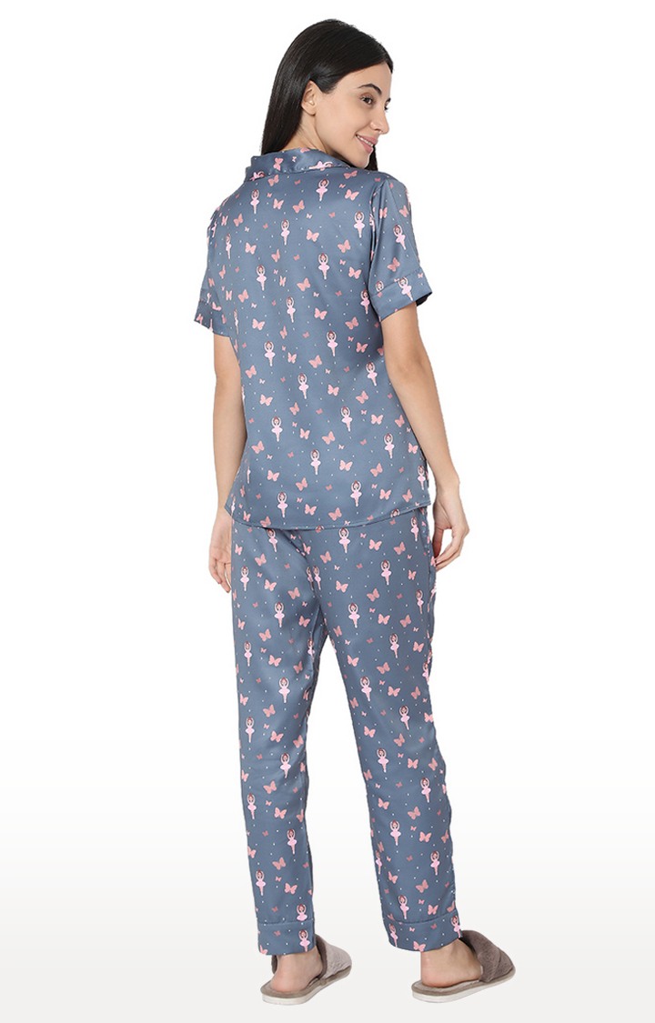 Smarty Pants Women's Silk Satin Grey Color Butterfly & Dancing Doll Print Night Suit.