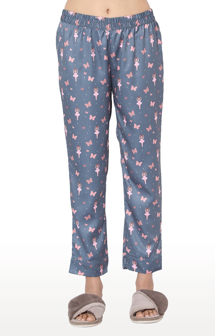 Smarty Pants Women's Silk Satin Grey Color Butterfly & Dancing Doll Print Night Suit.