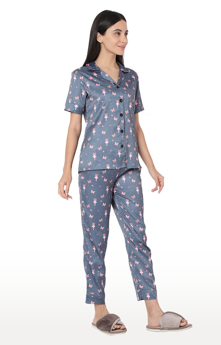 Smarty Pants Women's Silk Satin Grey Color Butterfly & Dancing Doll Print Night Suit.