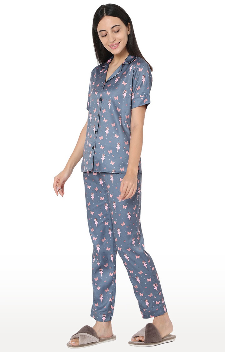 Smarty Pants Women's Silk Satin Grey Color Butterfly & Dancing Doll Print Night Suit.