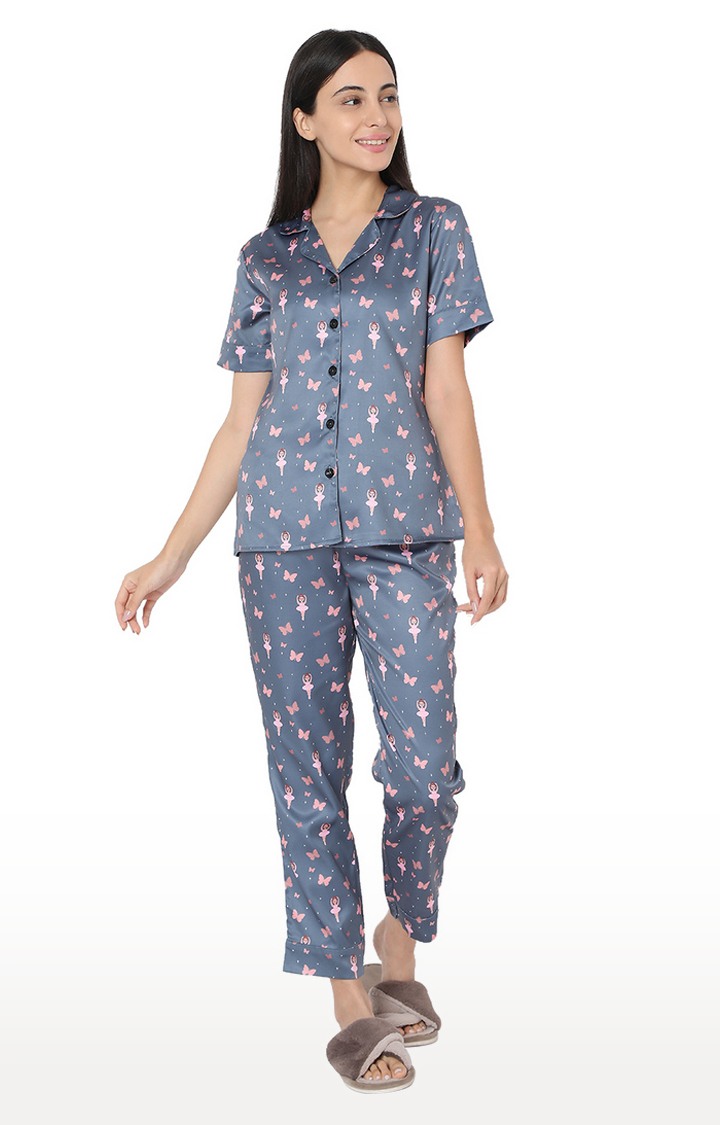 Smarty Pants Women's Silk Satin Grey Color Butterfly & Dancing Doll Print Night Suit.