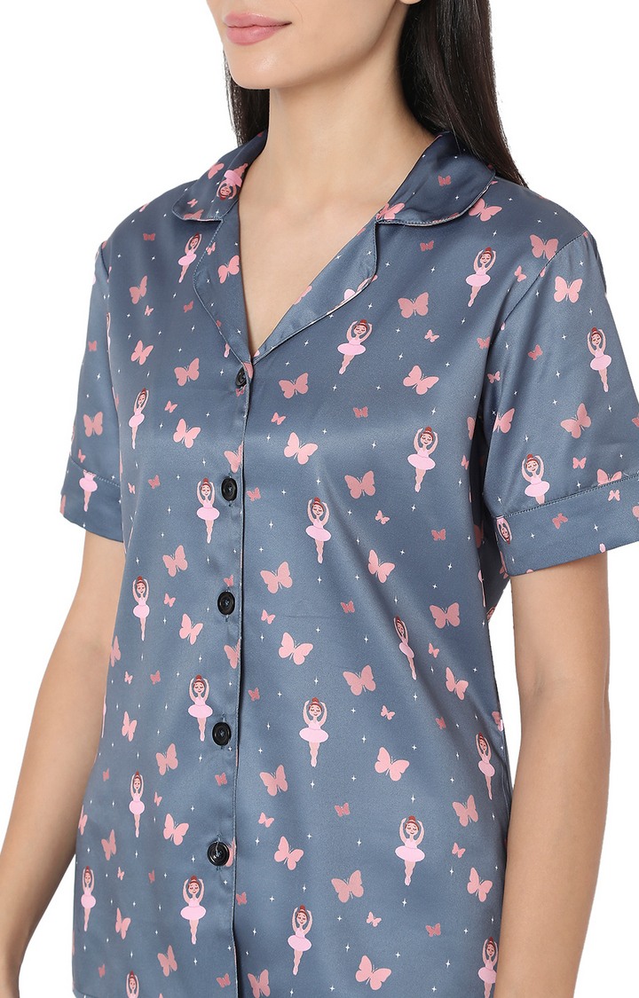 Smarty Pants Women's Silk Satin Grey Color Butterfly & Dancing Doll Print Night Suit.