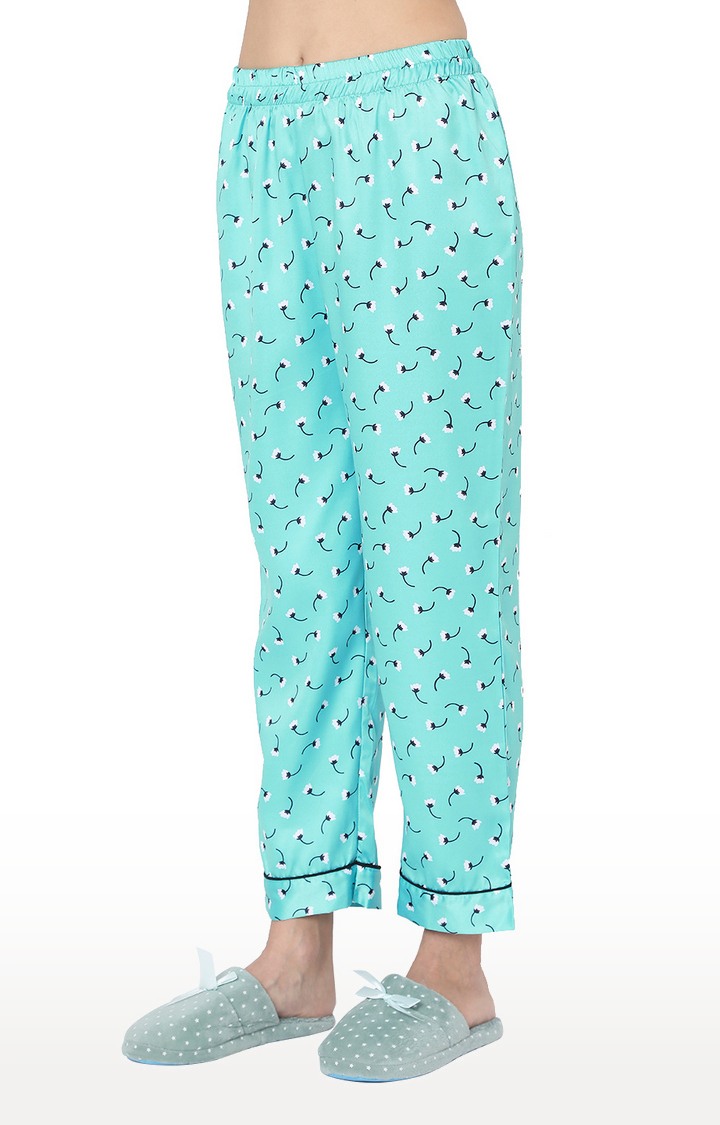 Smarty Pants Women's Silk Satin Green Color Floral Print Night Suit.