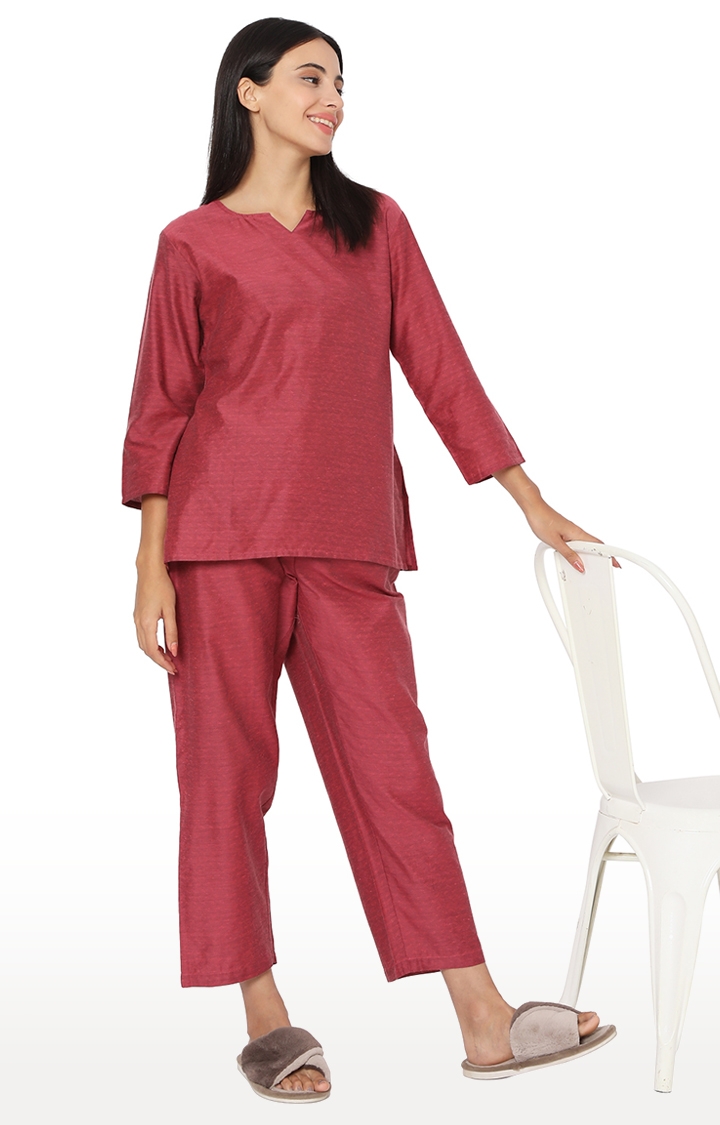 Smarty Pants | Smarty Pants Women's Cotton Wine Color Self Textured Night Suit 1