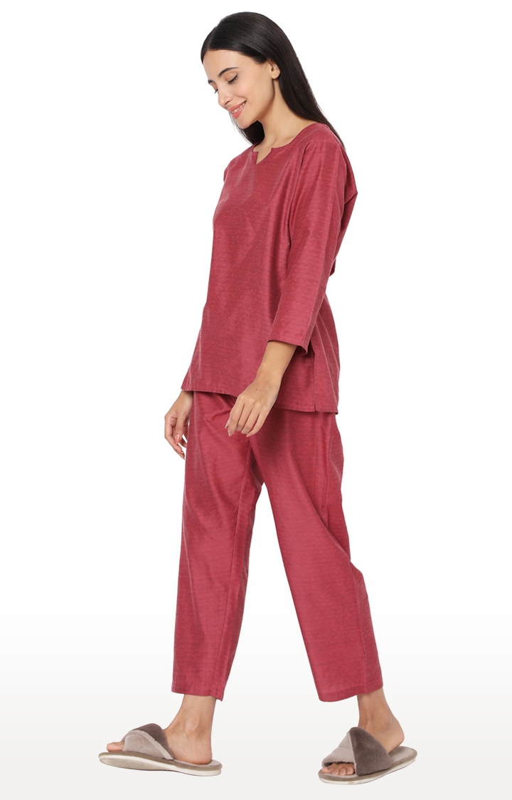 Smarty Pants | Smarty Pants Women's Cotton Wine Color Self Textured Night Suit 3