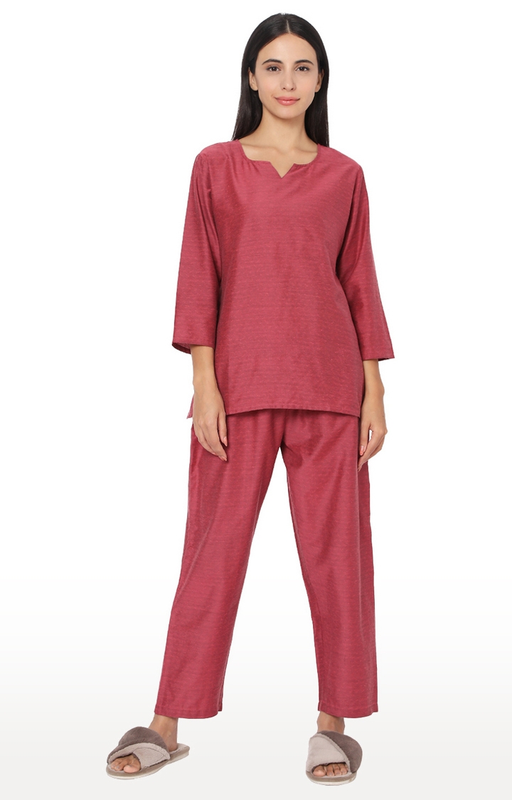 Smarty Pants | Smarty Pants Women's Cotton Wine Color Self Textured Night Suit 0