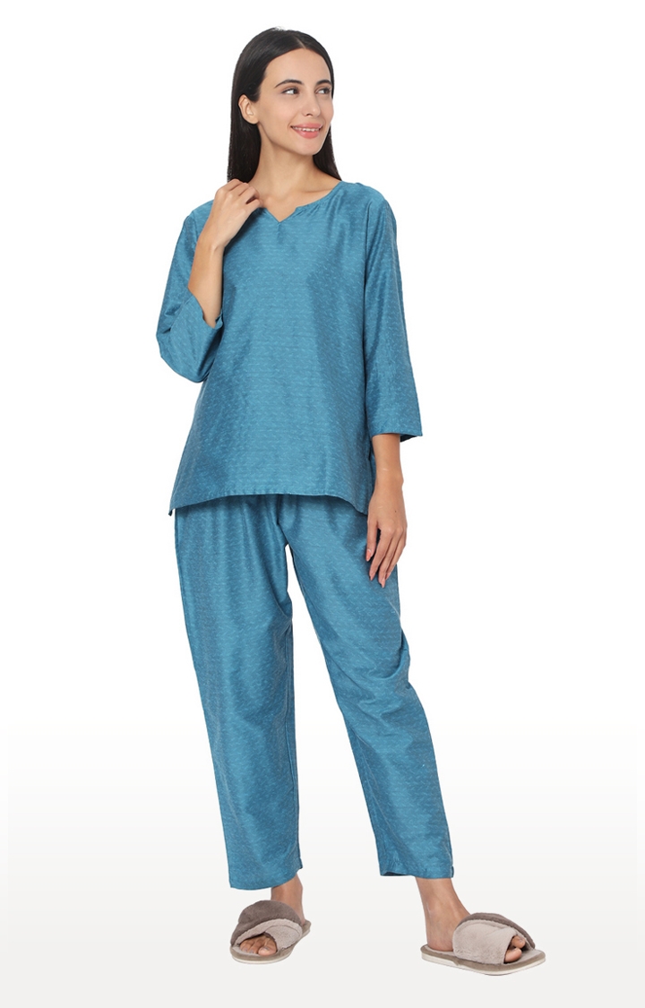 Smarty Pants Women's Cotton Turquoise Blue Color Self Textured Night Suit
