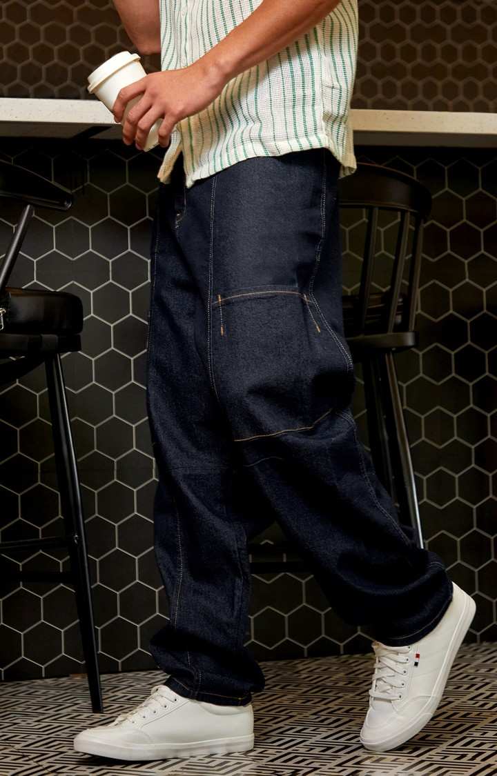 Men's Navy Blue Solid Denim Wide Leg Jeans