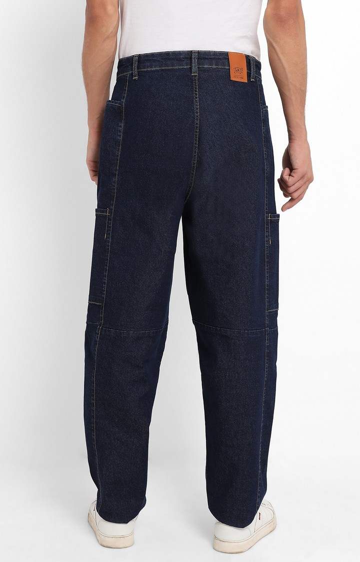 Men's Navy Blue Solid Denim Wide Leg Jeans