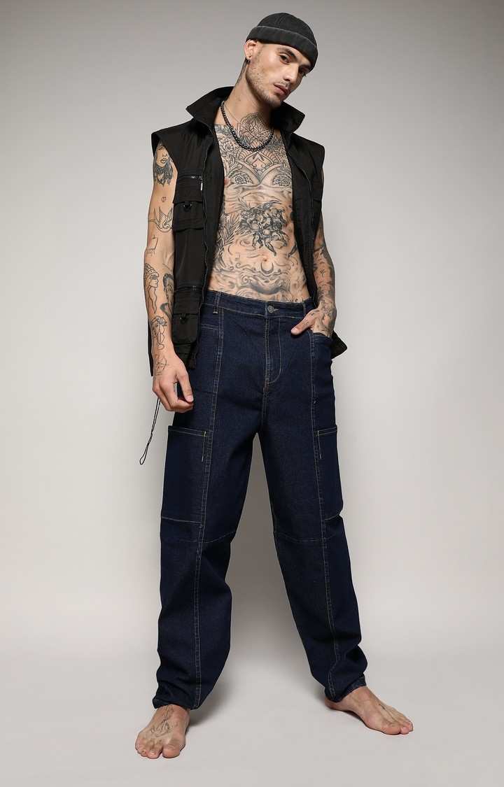 Men's Navy Blue Solid Denim Wide Leg Jeans