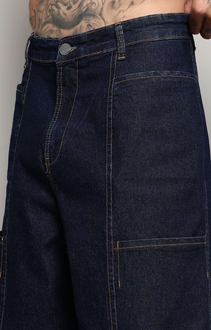 Men's Navy Blue Solid Denim Wide Leg Jeans