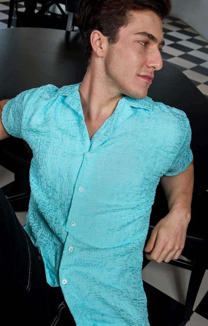 Men's Blue Textured Casual Shirts