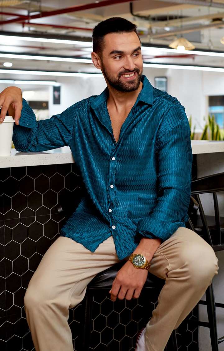 Men's Blue Slub Casual Shirts