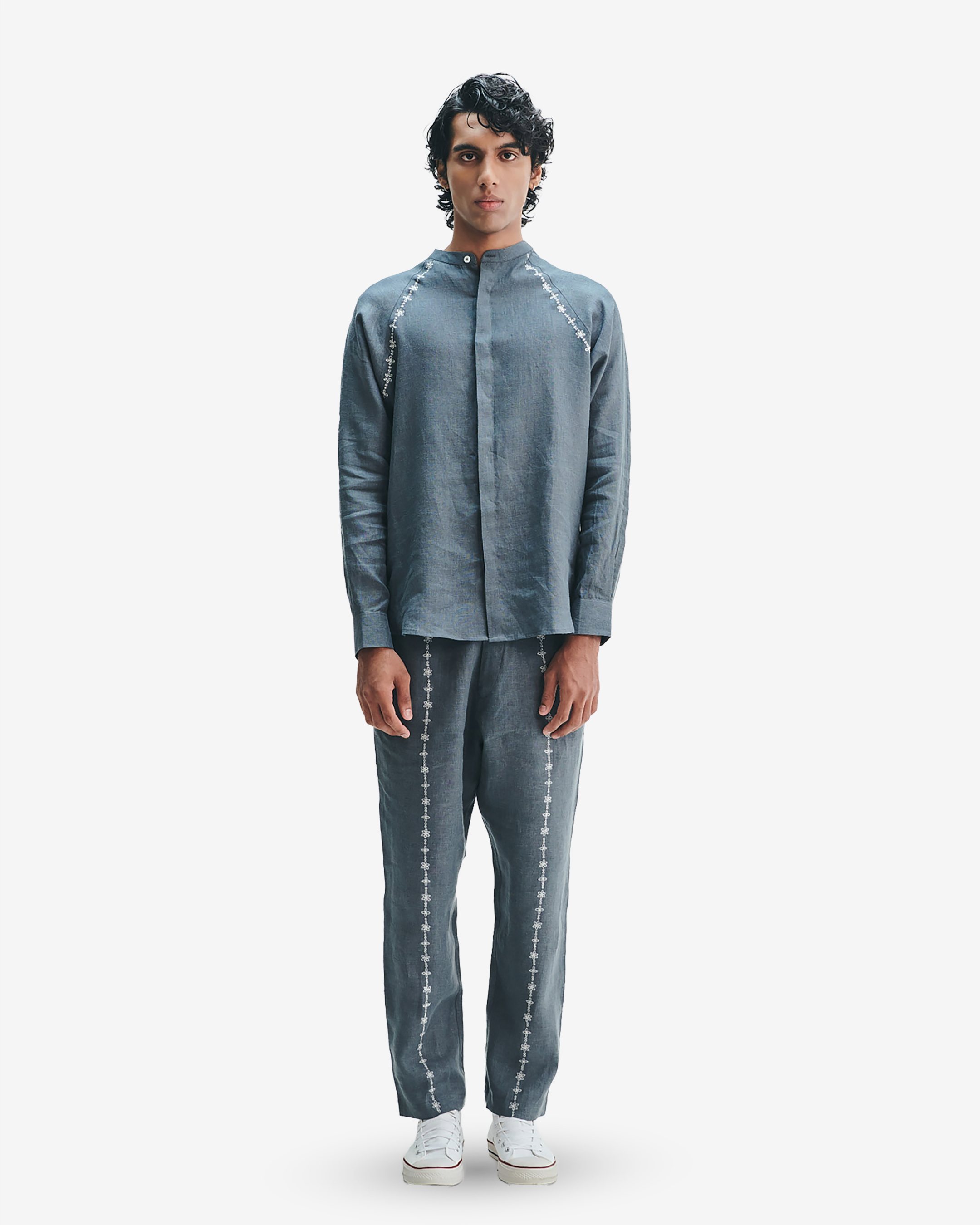 Slate Linen Embroidered Men's Raglan Shirt Set
