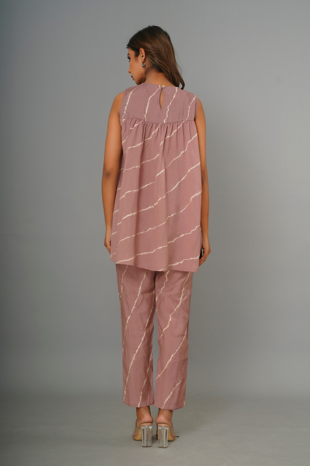 Pink Colored Printed And Gathered Peplum Co-Ord Set