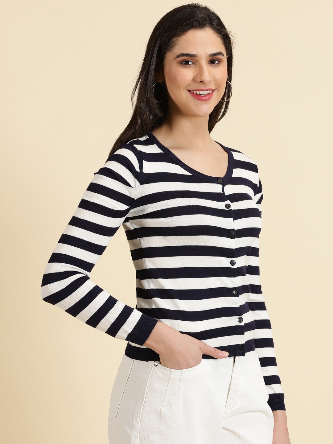 SHOWOFF Women's Scoop Neck Striped Navy Blue Regular Top