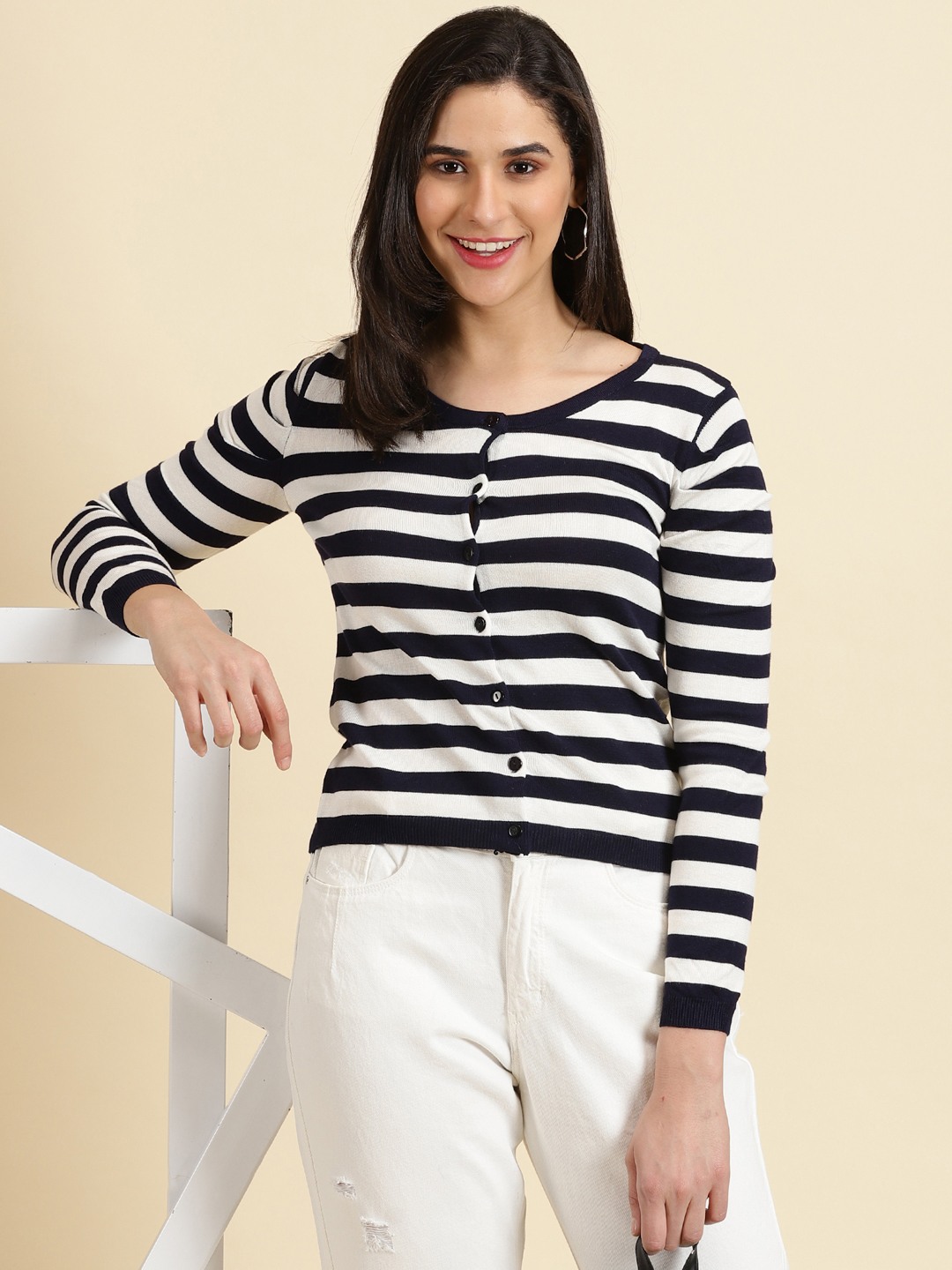 SHOWOFF Women's Scoop Neck Striped Navy Blue Regular Top