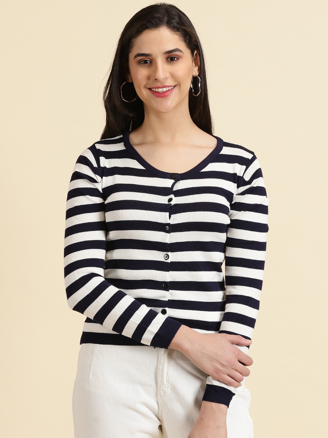 SHOWOFF Women's Scoop Neck Striped Navy Blue Regular Top