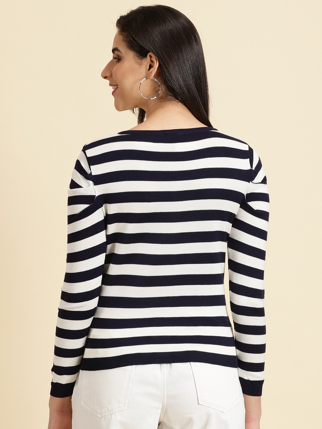 SHOWOFF Women's Scoop Neck Striped Navy Blue Regular Top