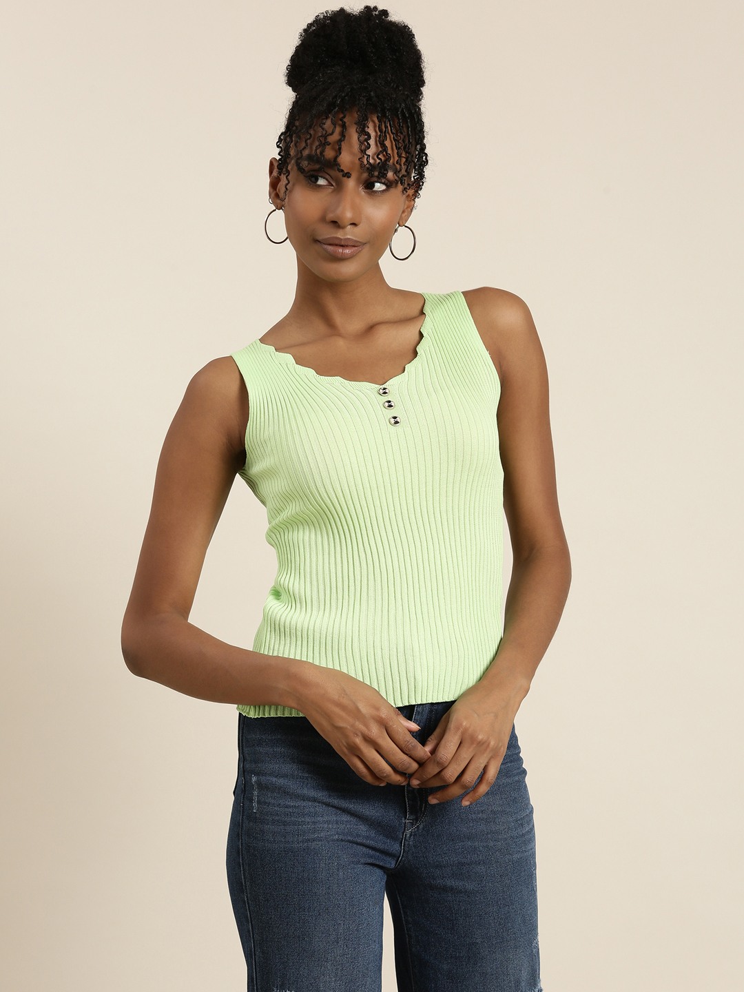 SHOWOFF Women's V-Neck Solid Sleeveless Fluorescent Green Tank Top