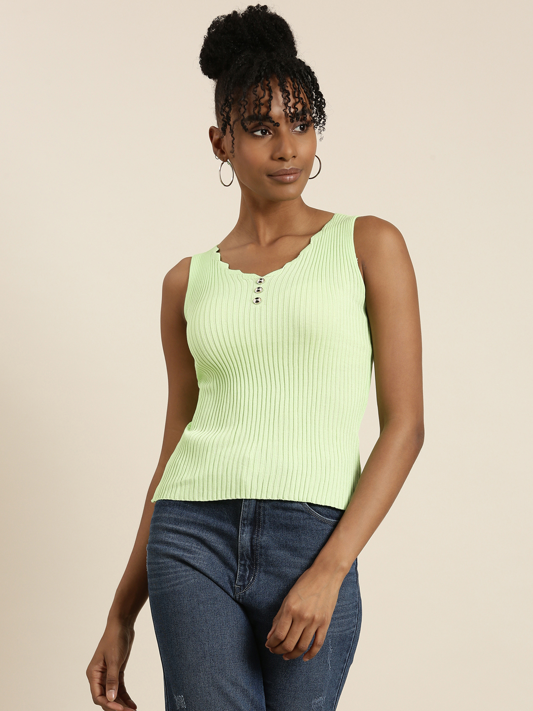 SHOWOFF Women's V-Neck Solid Sleeveless Fluorescent Green Tank Top