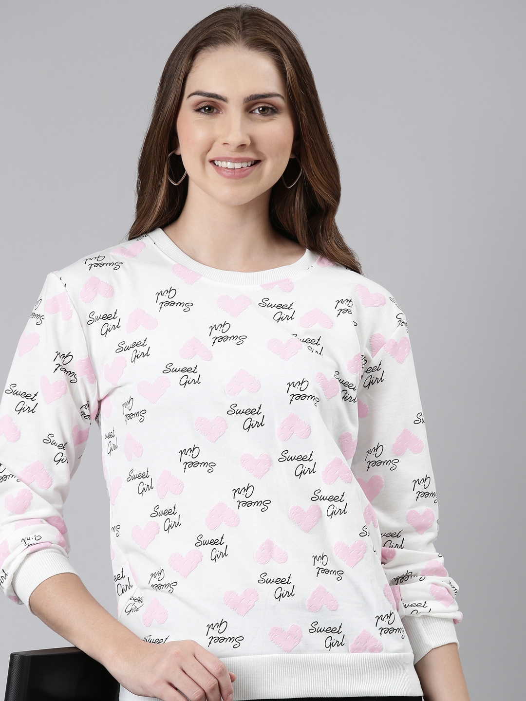SHOWOFF Women's Printed Regular Round Neck White Sweatshirt