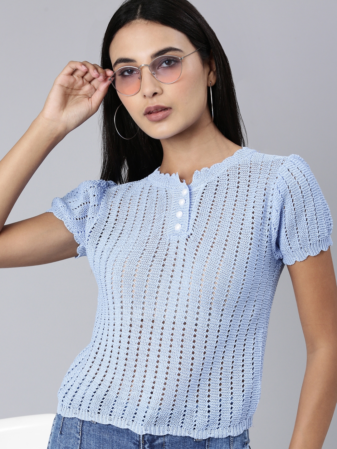 SHOWOFF Women's Self Design Puff Sleeves Blue  Crop Top