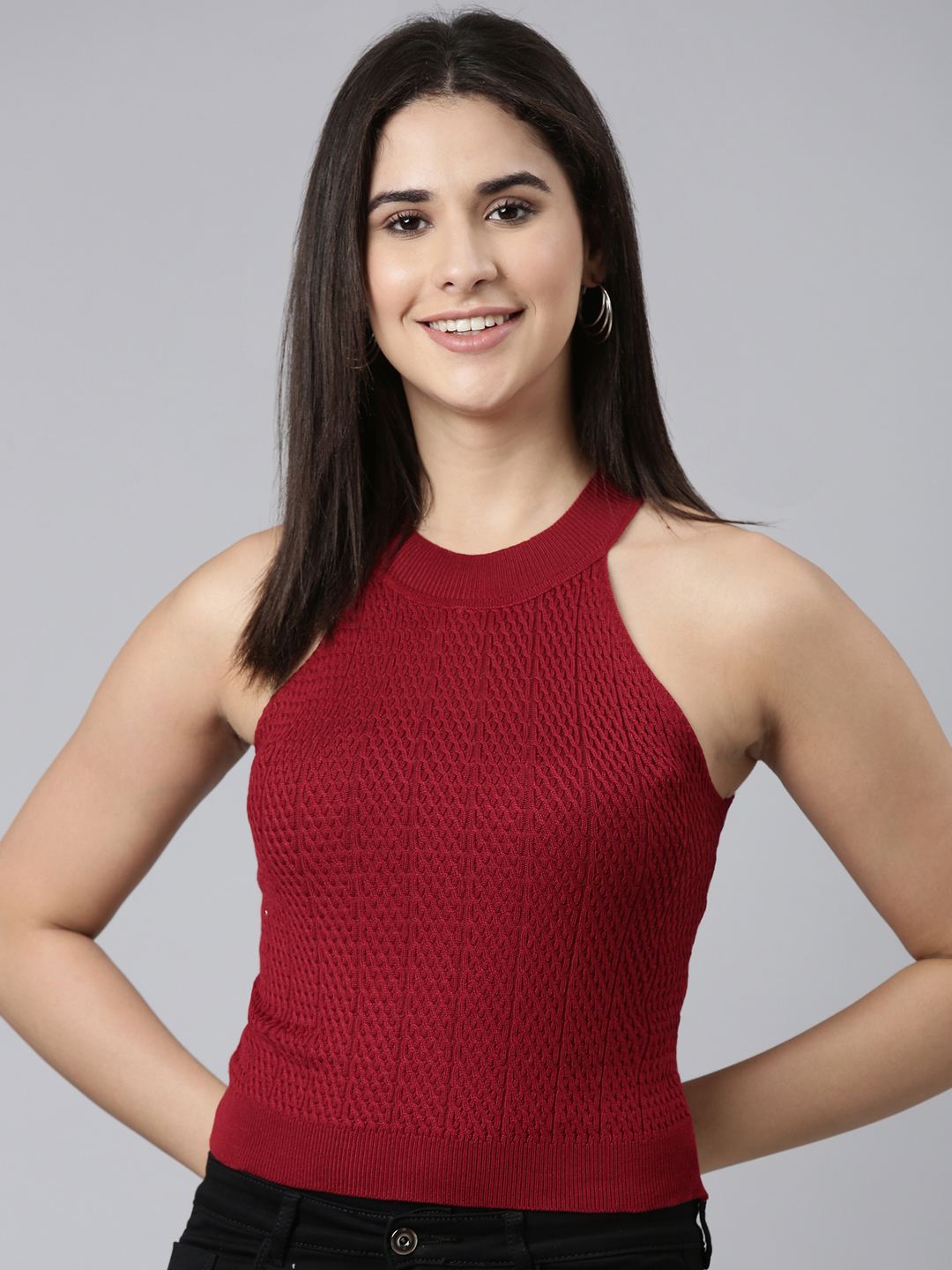 SHOWOFF Women's Halter Neck Self Design Sleeveless Regular Maroon Top