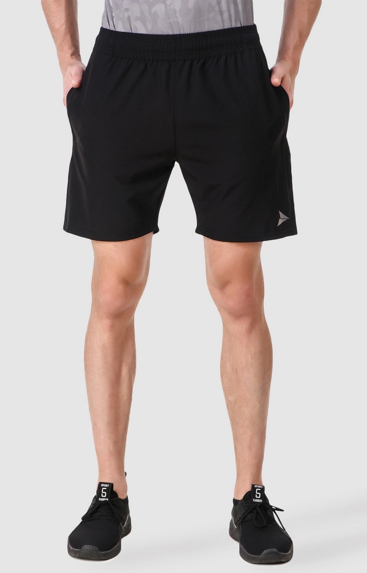Fitinc | Men's Black Polyester Solid Activewear Shorts