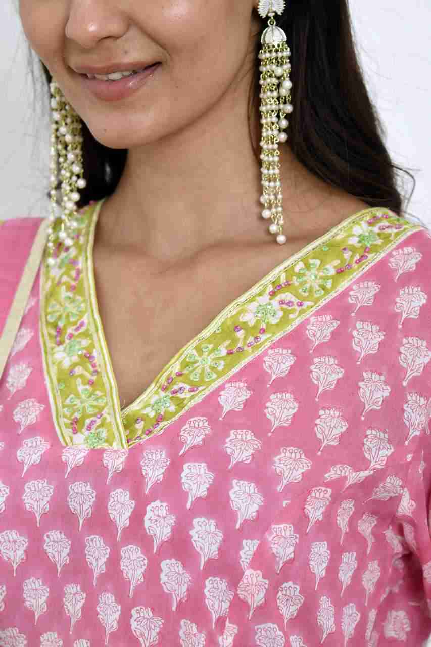 Naksh Pink Green Block Printed Straight Kurta, Pants And Dupatta (Set of 3)