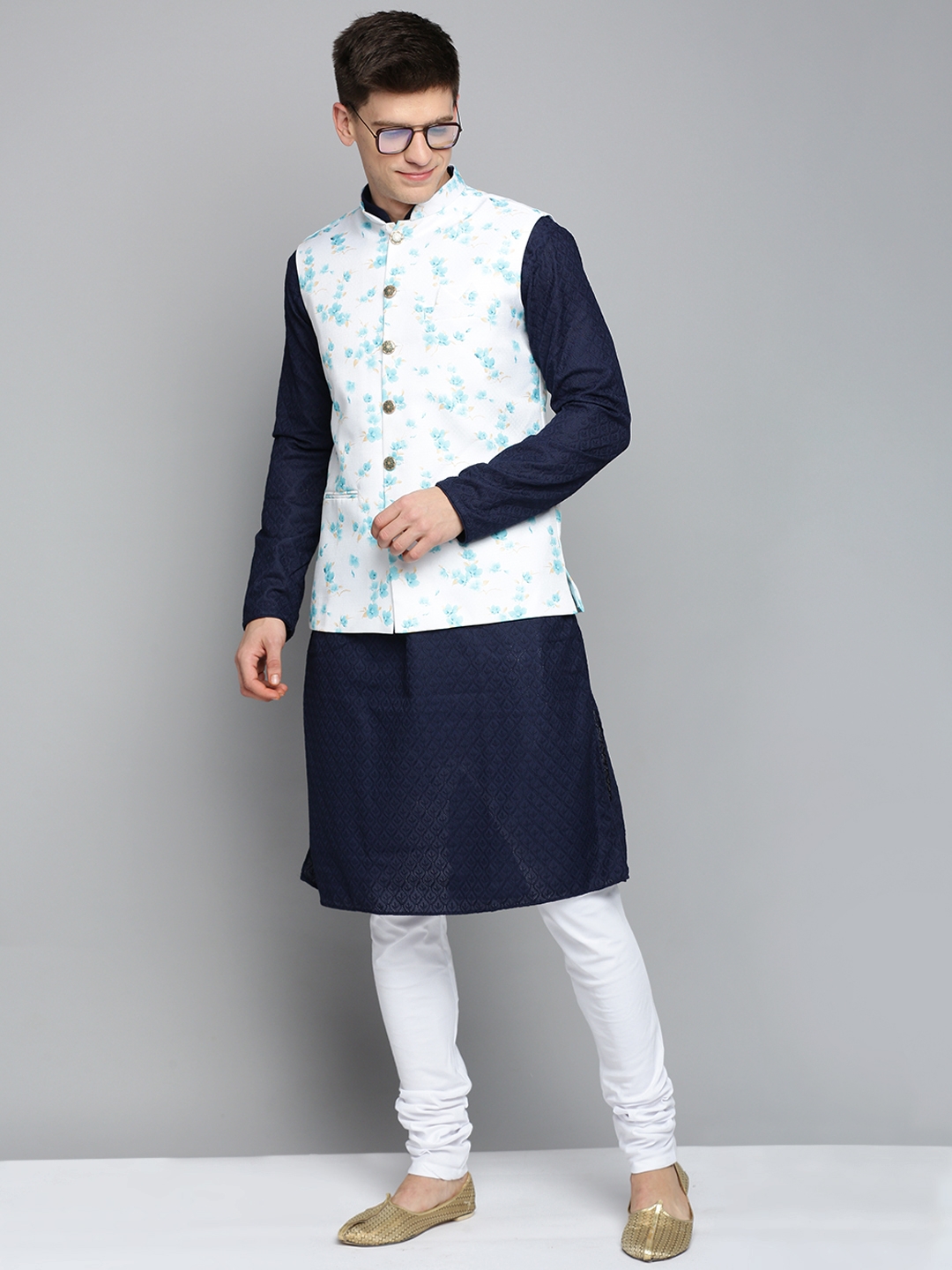 Showoff | SHOWOFF Men's Printed White Ethnic Nehru Jacket 4